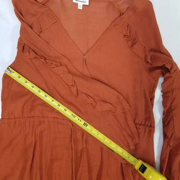 & Merci Woman SzL Romper Ruffle Long Sleeve Drawstring Waist V Neck Burnt Orange - Picture 2 of 13